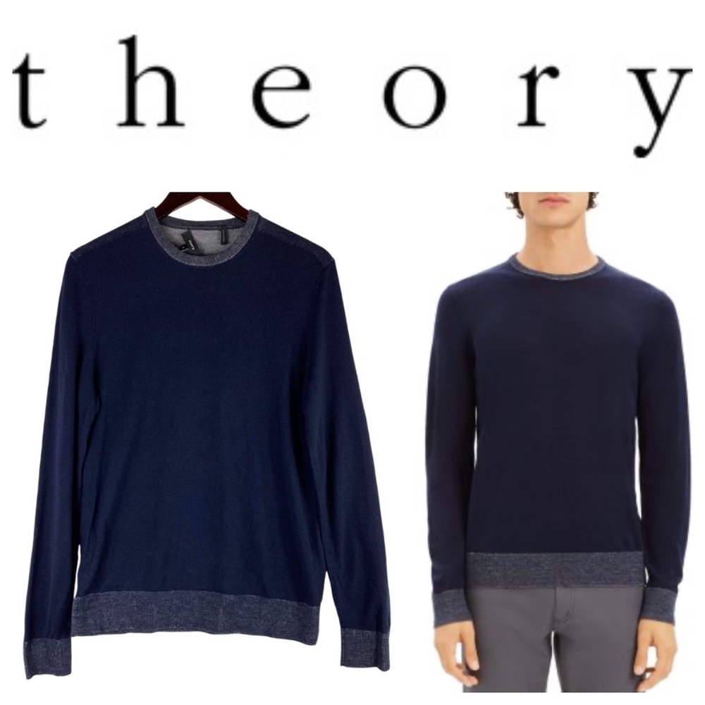 Theory Rothley Mens Small Sweater Pullover Crewneck Merino WOOL Navy Blue